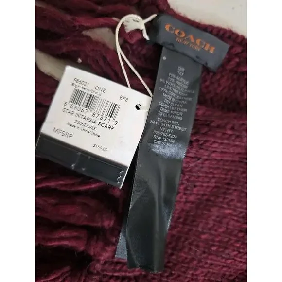 Coach Star Intarsia Long Fringe Scarf Wool Blend Bright Berry Orchid F86021 NWT. - Picture 13 of 14